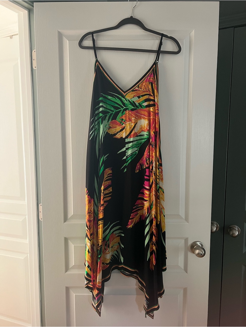 Tropical Black Slip Dress with Multicolor Leaf Print